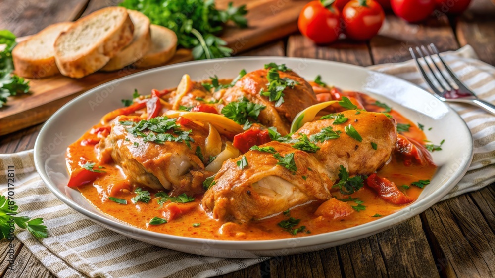 Freshly cooked chicken paprikash dish on a clean white plate, garnished with parsley and served with crusty bread beside. Freshly cooked chicken paprikash dish on a clean white plate, garnished with parsley and served with crusty bread beside.