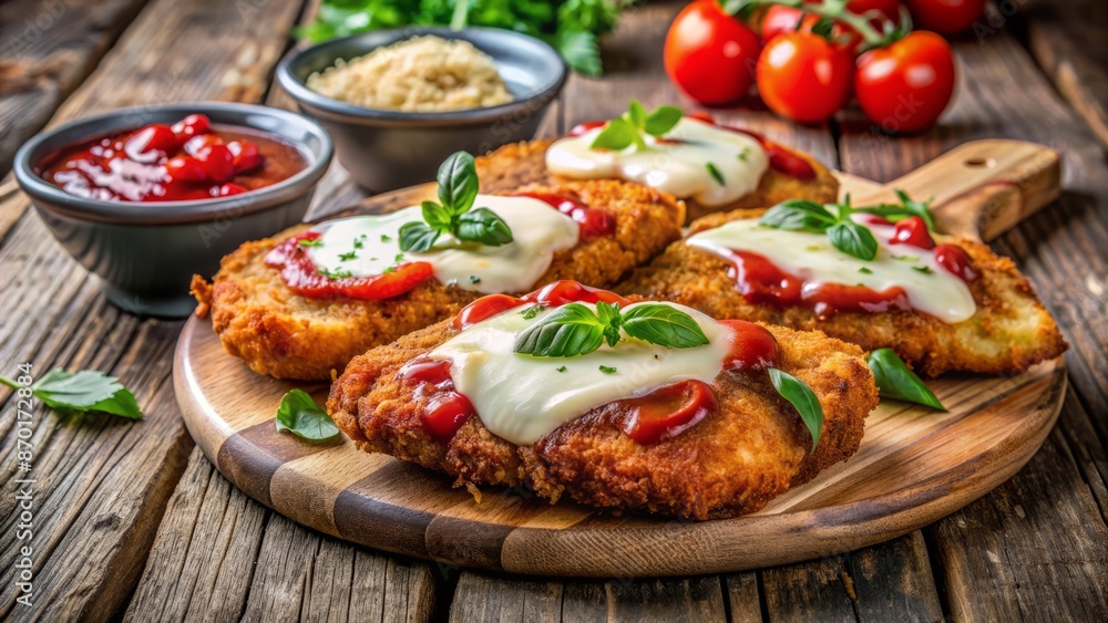 Golden-brown crispy breaded chicken cutlets topped with melted mozzarella cheese and marinara sauce on a rustic wooden table. Golden-brown crispy breaded chicken cutlets topped with melted mozzarella cheese and marinara sauce on a rustic wooden table.