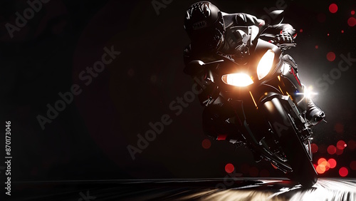 Supersport motorbike driver on dark background. © Art.disini