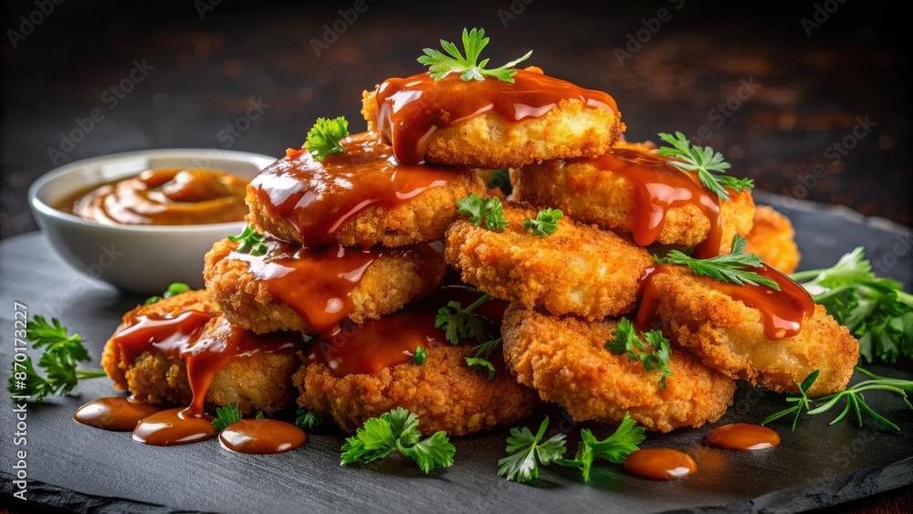 Juicy golden brown crispy chicken breast patty sits alone on a clean white plate with a side of fresh greens. Juicy golden brown crispy chicken breast patty sits alone on a clean white plate with a side of fresh greens.