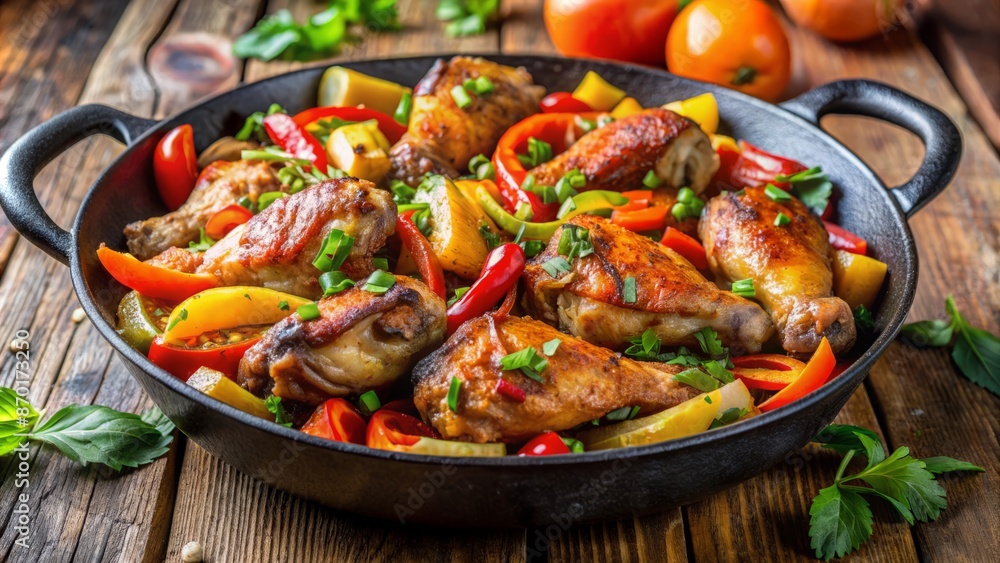 A Delicious And Healthy Meal Of Chicken, Peppers, And Zucchini, Seasoned With Herbs And Spices, And Cooked In A Cast Iron Skillet. A Delicious And Healthy Meal Of Chicken, Peppers, And Zucchini, Seasoned With Herbs And Spices, And Cooked In A Cast Iron Skillet.