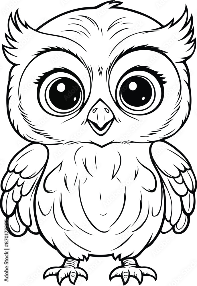 Coloring book page on a white background with a cute owlet smile. line art drawing Coloring book page on a white background with a cute owlet smile. line art drawing