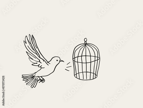 Bird Taking Flight From Cage: One-Line Drawing Symbolizing Freedom, Breaking Boundaries, and Embracing the Unknown