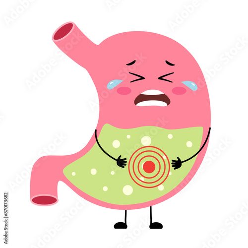 Crying stomach cartoon character on white background. Digestion problem. Stomach full of gastric acid reflux disease.