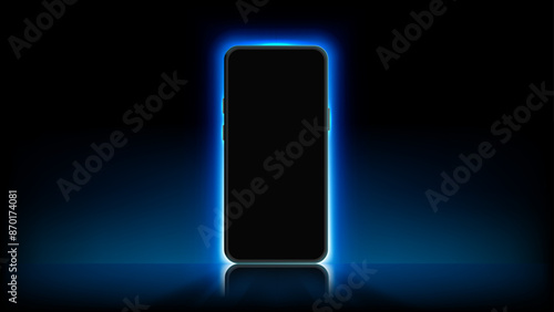Neon Blue Light Smartphone Mock up Vector Illustration. Futuristic Mobile Screen with Glowing Shadow. Vector.