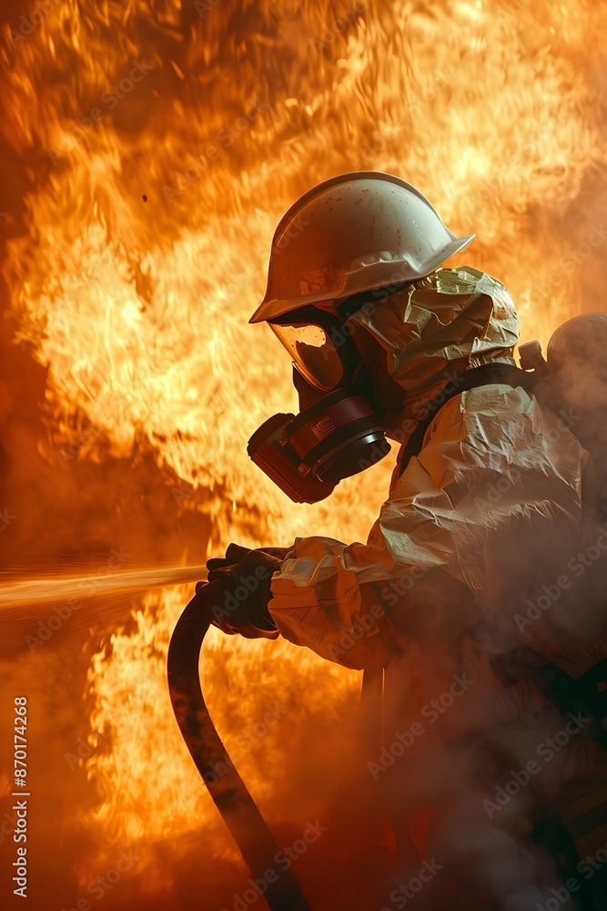 Obraz premium A person is fully equipped in a chemical protective suit, which covers their entire body to shield them from hazardous substances. Additionally, they are wearing a protective mask on their face.