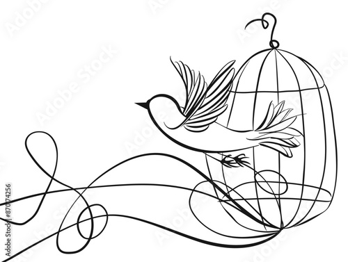 One Line Bird Takes Flight From Cage: Breaking Free, Facing Risk, Embracing Possibility