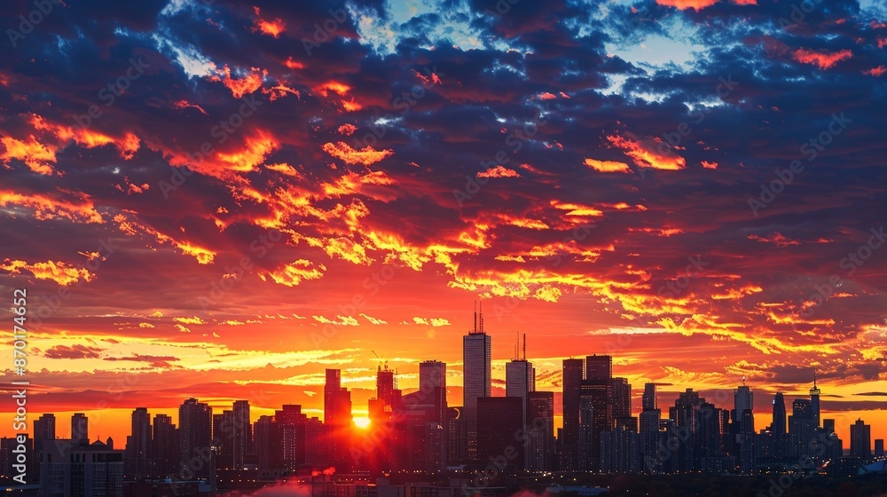 The city skyline at sunset, with skyscrapers silhouetted against a fiery sky, creates a stunning and dramatic urban landscape. The city skyline at sunset, with skyscrapers silhouetted against a fiery sky, creates a stunning and dramatic urban landscape.