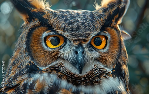 Close Up Portrait of a Great Horned Owl With Bright Yellow Eyes in a Natural ...
