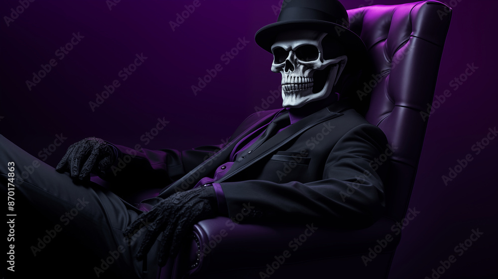 A skeleton dressed in a stylish black and purple hat and suit, seated on a dark purple chair at the left side of the frame. The gradient dark purple background. A skeleton dressed in a stylish black and purple hat and suit, seated on a dark purple chair at the left side of the frame. The gradient dark purple background.