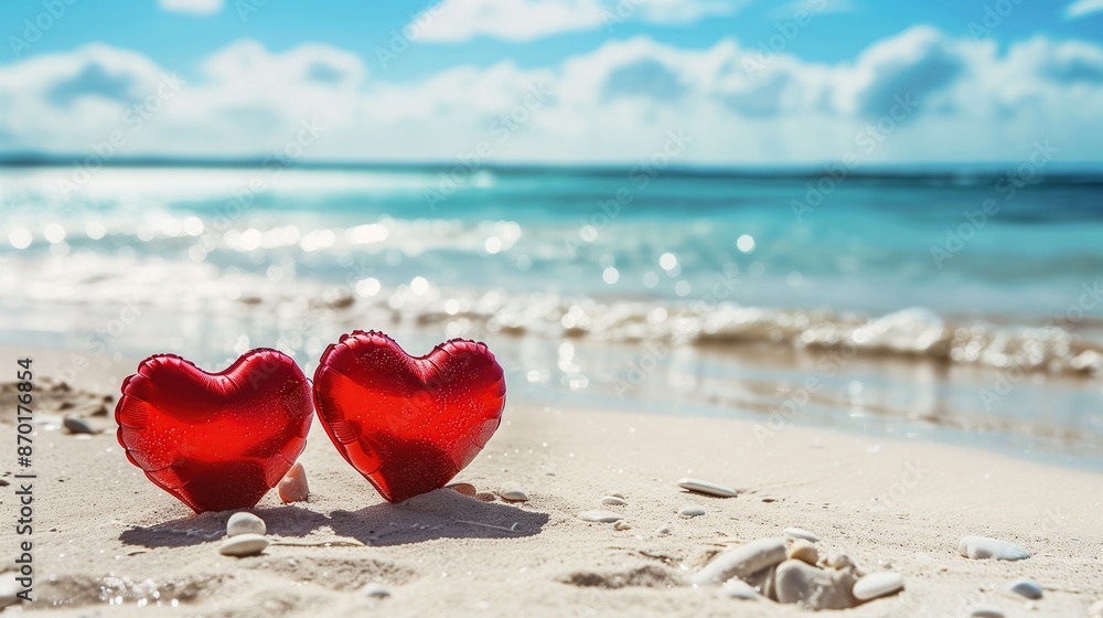 Fototapeta premium Two crimson hearts on the sandy shore, a beacon of love and passion, making it an ideal backdrop for a romantic escape or a beachside wedding. 