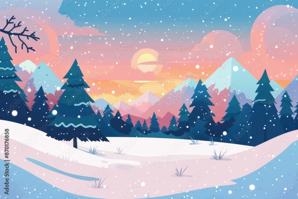 Fototapeta premium Beautiful winter landscape with snow-covered trees, mountains, and a colorful sunset highlighting a serene snow scene.