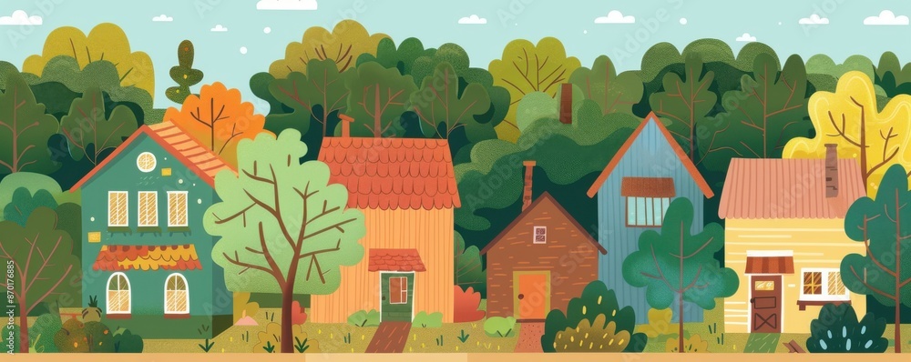Charming illustration of colorful houses surrounded by lush greenery, depicting a serene suburban neighborhood setting. Charming illustration of colorful houses surrounded by lush greenery, depicting a serene suburban neighborhood setting.