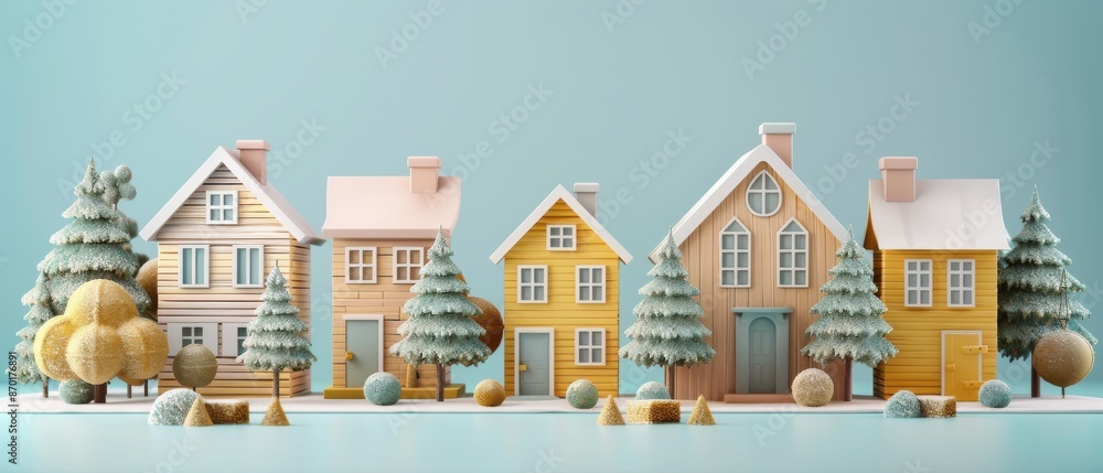 Charming winter village scene with colorful houses and snow-covered trees, captured in a picturesque and festive setting. Charming winter village scene with colorful houses and snow-covered trees, captured in a picturesque and festive setting.