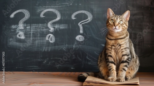 An inquisitive cat sits on a stack of books in front of a blackboard filled with question marks, representing curiosity, learning, and the pursuit of knowledge.
 photo