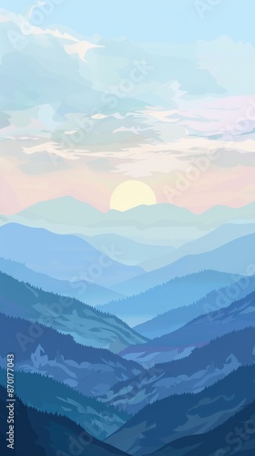 Serene sunrise over layered blue mountains with soft pastel sky, creating a tranquil outdoor scene.