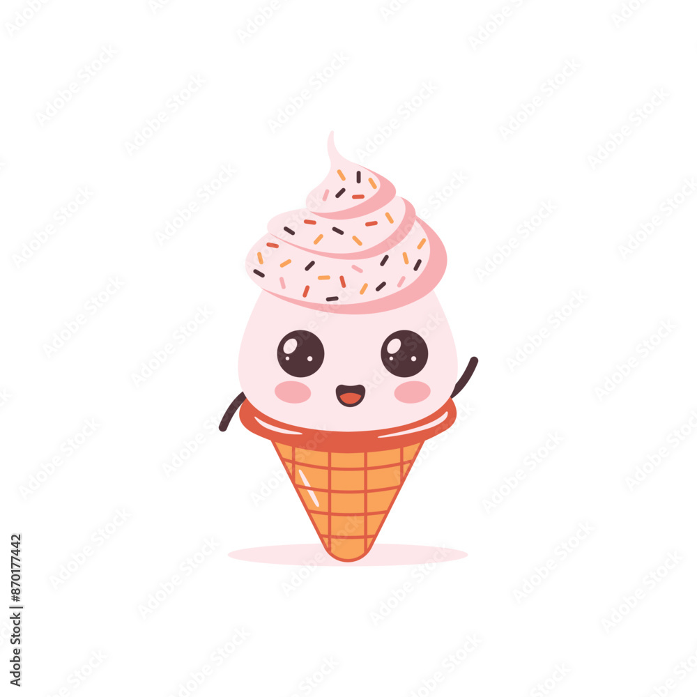 Vector Design of Cute Pink Strawberry Cone Ice Cream Cartoon Character with Happy Expression Vector Design of Cute Pink Strawberry Cone Ice Cream Cartoon Character with Happy Expression