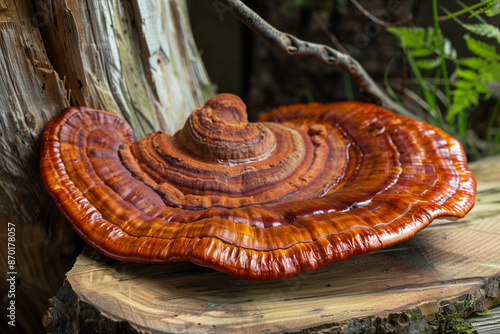Ganoderma lucidum, commonly known as the Reishi or Lingzhi on wooden board. Generative AI