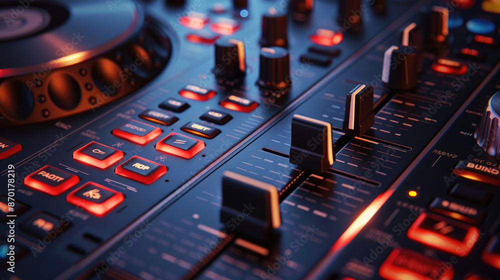Close-up View of Modern DJ Setup with Controller and Mixer Close-up View of Modern DJ Setup with Controller and Mixer