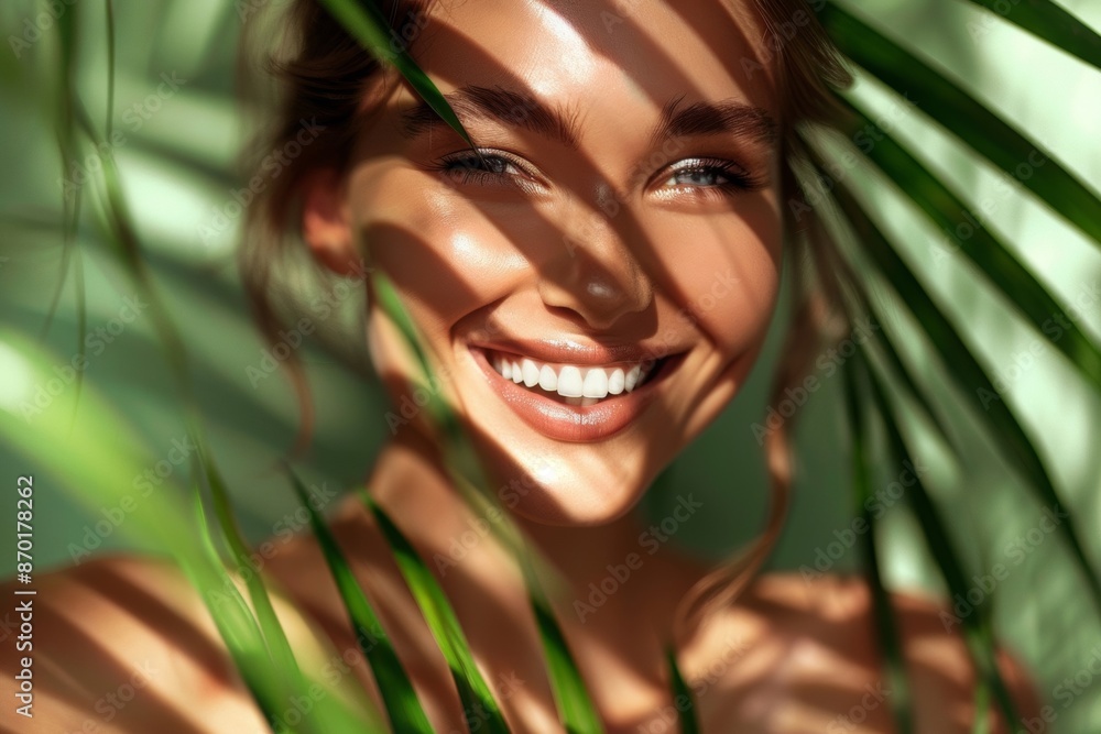Smiling woman with palm leaf shadows on face, portrait Smiling woman with palm leaf shadows on face, portrait