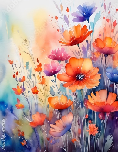 water color of A vibrant watercolor background blooms with colorful flowers in shades of yellow, orange, and red, reminiscent of a summer garden
