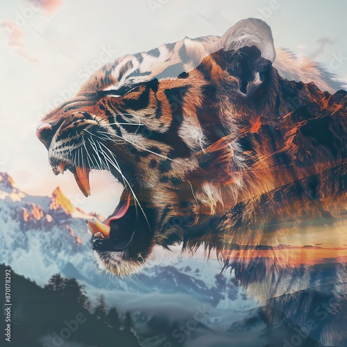 Stunning double exposure of a roaring tiger and a majestic mountain landscape, merging wildlife and nature in a captivating visual style. photo