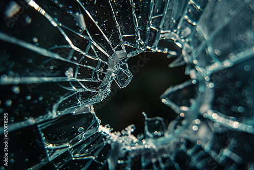 Broken glass with a hole on a dark background, dramatic photo photo