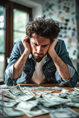 Depressed man losing money, business failure and crisis concept photo