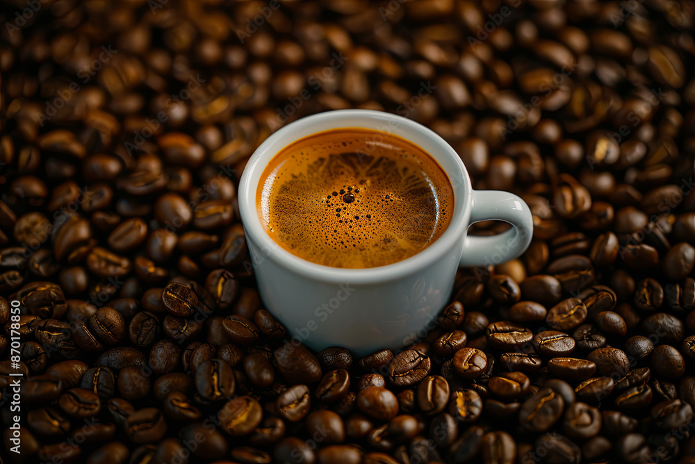 Fototapeta premium Coffee cup surrounded by coffee beans, warm beverage with copy space