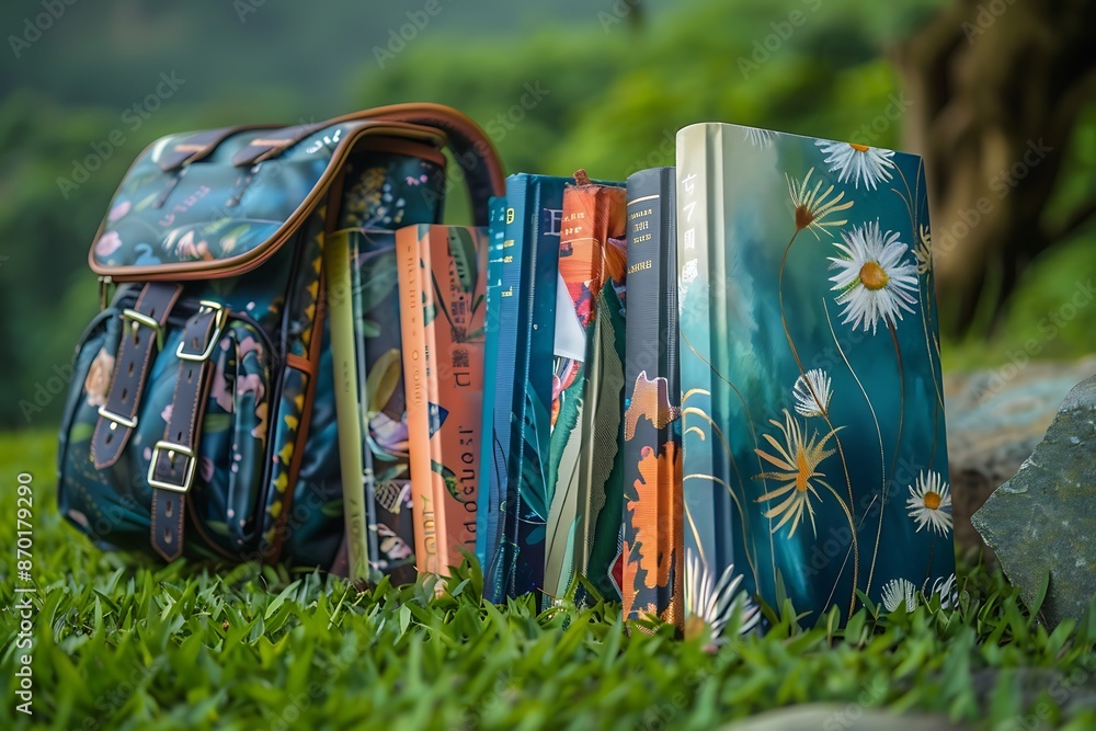 A collection of school books with artistic covers, neatly arranged beside a stylish backpack on a grassy knoll A collection of school books with artistic covers, neatly arranged beside a stylish backpack on a grassy knoll