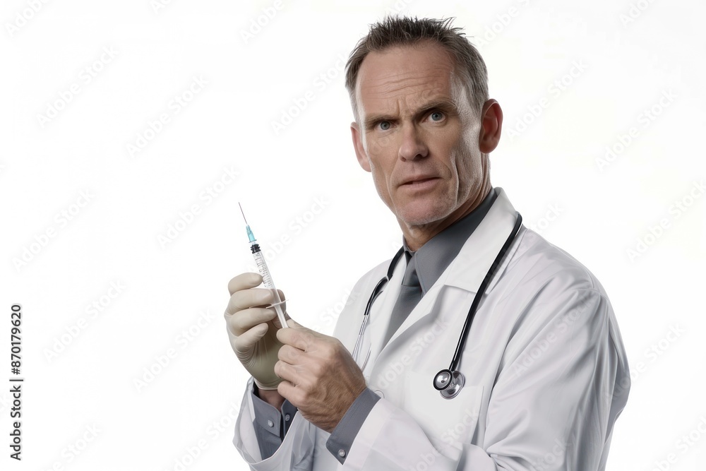 Doctor holding a syringe, Portrait half-body, hyper-realistic, high detail, photorealistic, white background Doctor holding a syringe, Portrait half-body, hyper-realistic, high detail, photorealistic, white background