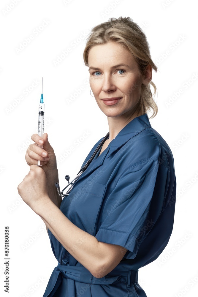 Doctor holding a syringe, Portrait half-body, hyper-realistic, high detail, photorealistic, white background Doctor holding a syringe, Portrait half-body, hyper-realistic, high detail, photorealistic, white background