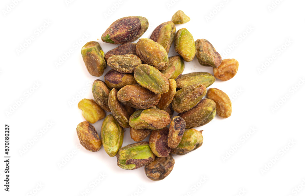 Shelled Roasted and Salted Pistachios Isolated on a White Background Shelled Roasted and Salted Pistachios Isolated on a White Background
