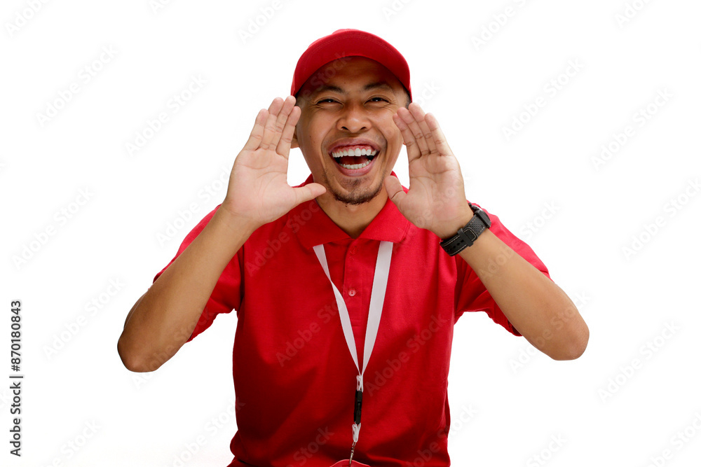 Excited Asian delivery man brings his hand near his mouth as if sharing a secret, whispering, shouting and announcing a special offer, discount, or free shipping. Isolated on a white background Excited Asian delivery man brings his hand near his mouth as if sharing a secret, whispering, shouting and announcing a special offer, discount, or free shipping. Isolated on a white background
