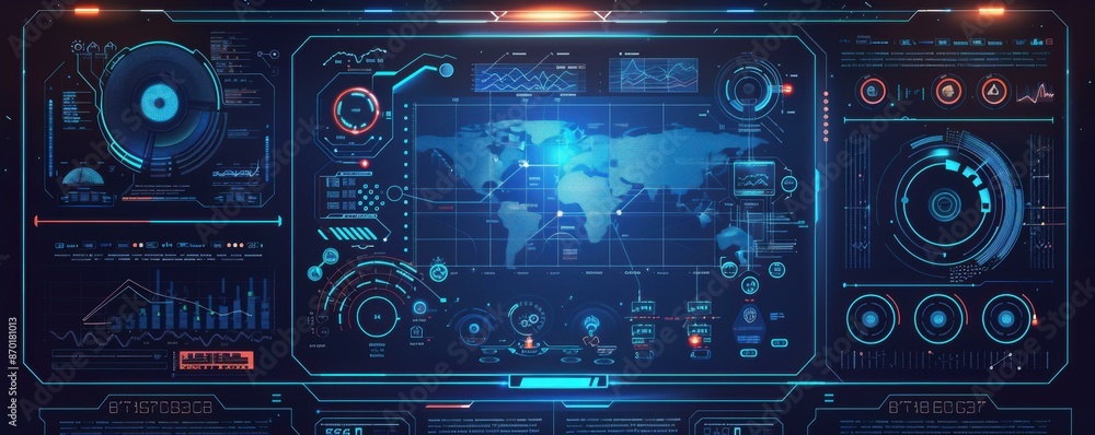 A futuristic digital hub with blue and cyan LED lights illuminating the environment. A futuristic digital hub with blue and cyan LED lights illuminating the environment.