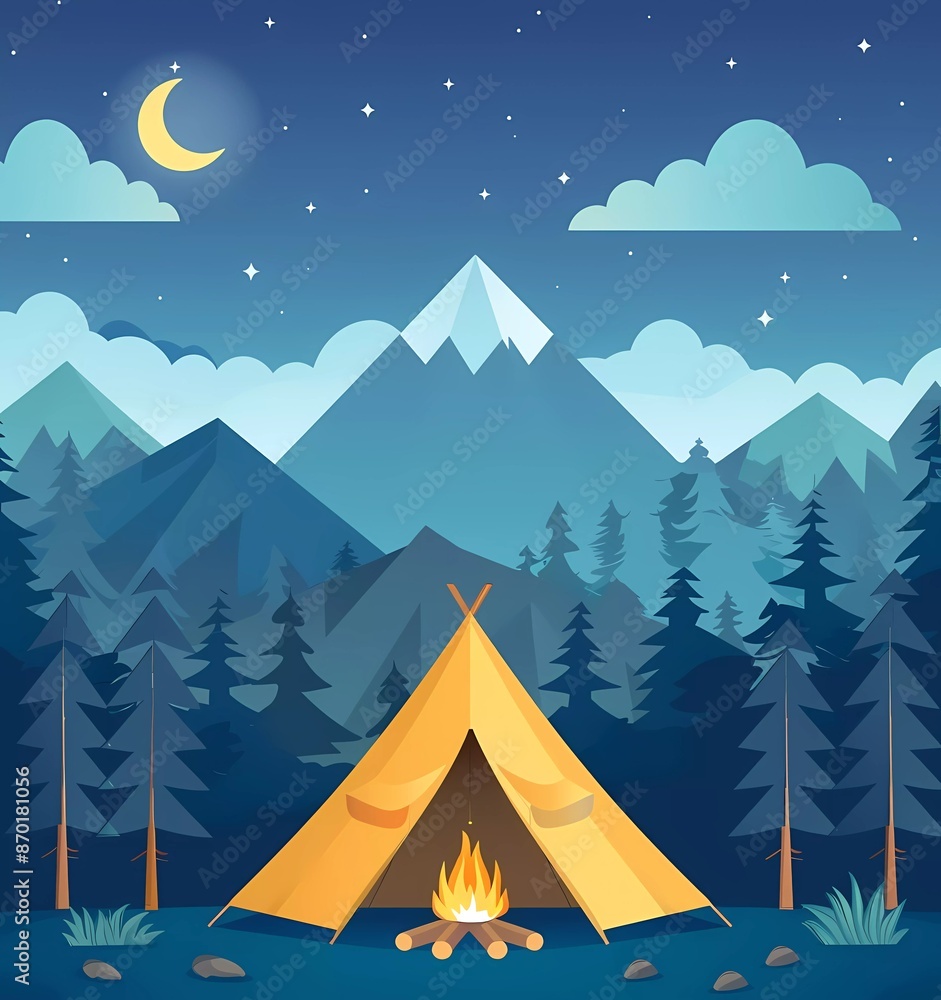 flat vector illustration of camping tent and campfire in the night forest, blue background with mountains and clouds flat vector illustration of camping tent and campfire in the night forest, blue background with mountains and clouds