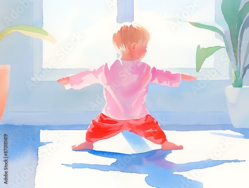 Young child in bright clothes joyfully poses by a sunny window with indoor plants, spreading positive energy.