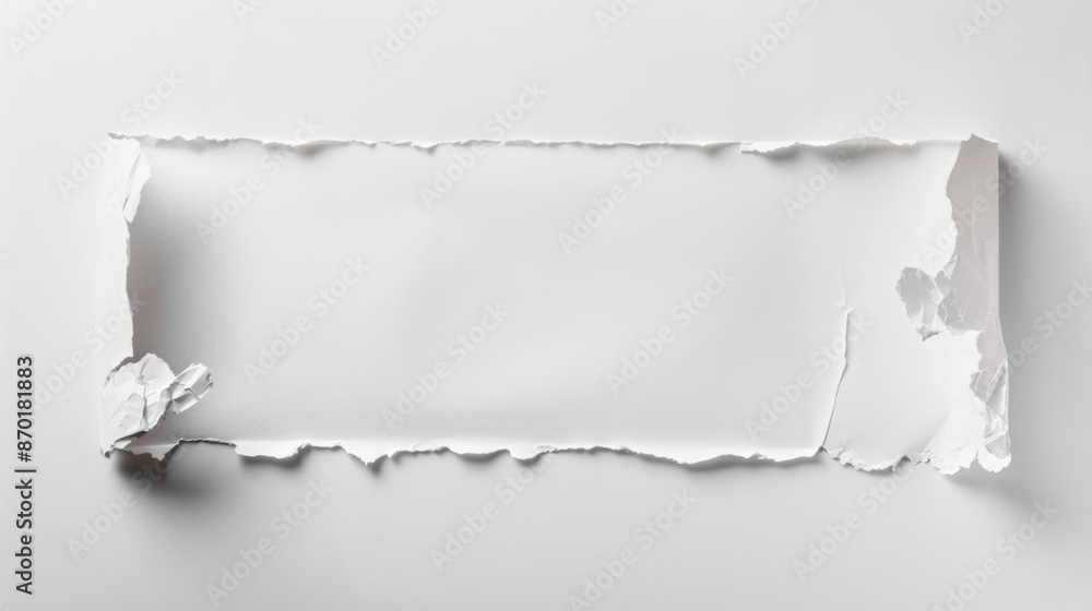 A single sheet of white paper with a torn edge on the left side lies on a white background. The blank sheet is slightly centered to create space for text. A single sheet of white paper with a torn edge on the left side lies on a white background. The blank sheet is slightly centered to create space for text.
