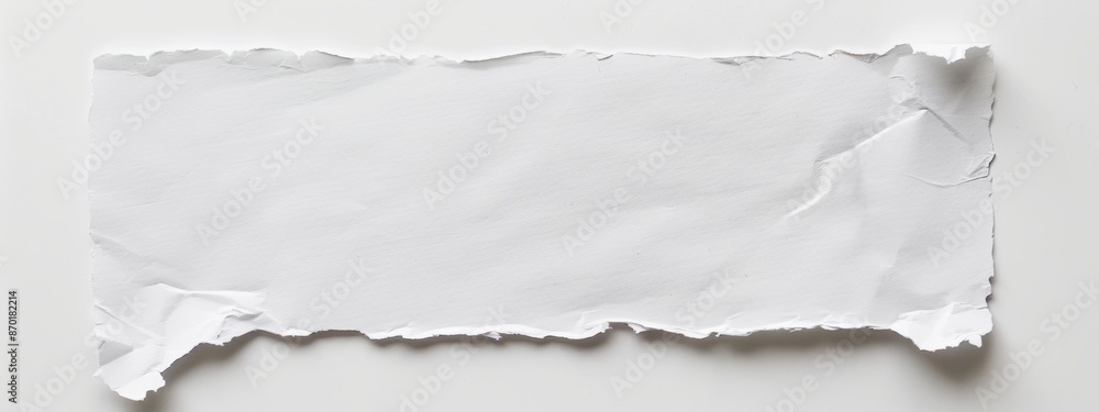 A single sheet of white paper with a torn edge on the left side lies on a white background. The blank sheet is slightly centered to create space for text. A single sheet of white paper with a torn edge on the left side lies on a white background. The blank sheet is slightly centered to create space for text.