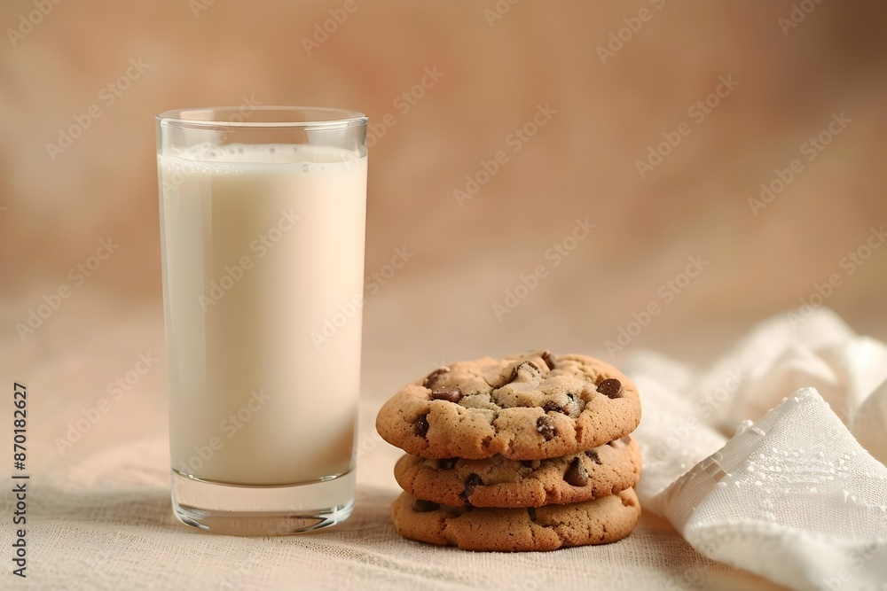 Delicious Homemade Cookies with Creamy Milk on Cozy Table Setting Delicious Homemade Cookies with Creamy Milk on Cozy Table Setting