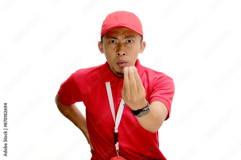 Unhappy Asian delivery man displays a pinched fingers gesture, known as the Italian hand gesture or finger purse sign, isolated on a white background. Concept of frustration, disbelief, or annoyance Unhappy Asian delivery man displays a pinched fingers gesture, known as the Italian hand gesture or finger purse sign, isolated on a white background. Concept of frustration, disbelief, or annoyance
