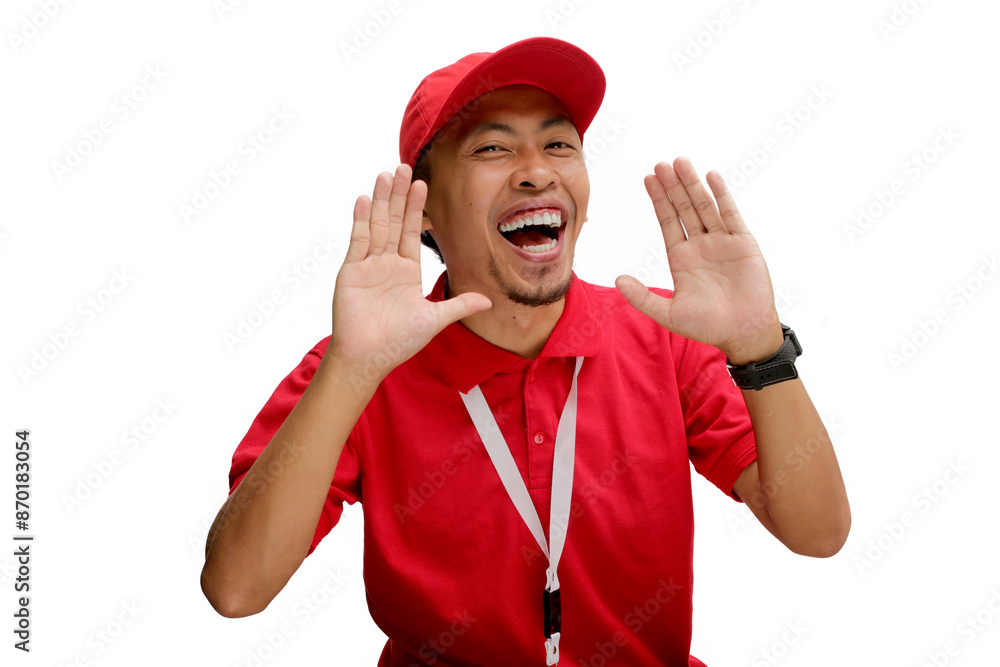 Asian delivery man or courier places his hand near his mouth as if announcing something important, such as a promo, special offer, great deals, or discount. Isolated on a white background Asian delivery man or courier places his hand near his mouth as if announcing something important, such as a promo, special offer, great deals, or discount. Isolated on a white background