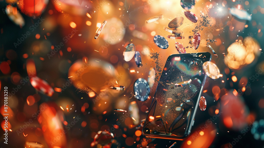 Phone from which casino chips and gold coins fly out, creating a dynamic and festive scene that symbolizes the excitement and luxury of online casinos.