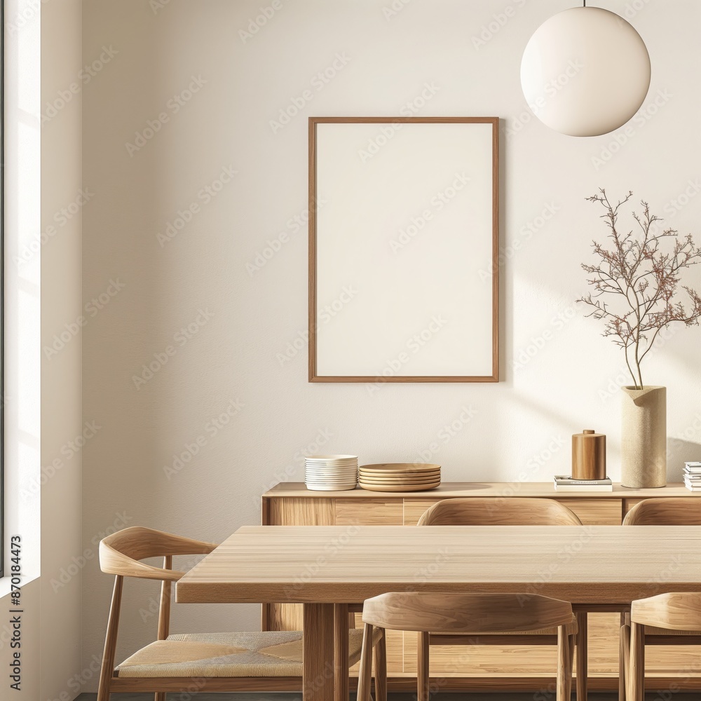 Blank Poster Frame in Minimalist Dining Room Interior Mockup with Wooden Furniture Blank Poster Frame in Minimalist Dining Room Interior Mockup with Wooden Furniture