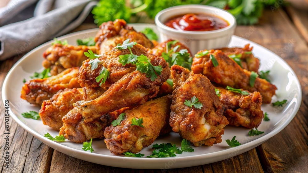 A Plate Of Delicious Crispy Fried Chicken Wings With Parsley And A Side Of Dipping Sauce. A Plate Of Delicious Crispy Fried Chicken Wings With Parsley And A Side Of Dipping Sauce.