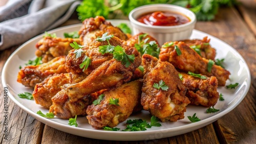 A Plate Of Delicious Crispy Fried Chicken Wings With Parsley And A Side Of Dipping Sauce.