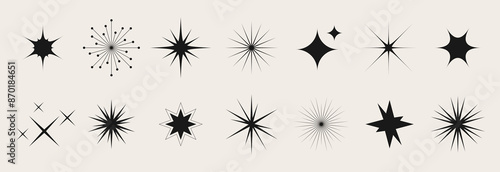 Blinking stars, sparks and sparkles set. Shining twinkle sunburst shapes collection. Magic light flares pack for design template, poster, banner, brochure, leaflet. Vector glint glitter illustration