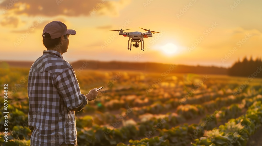 A modern farmer using drone technology for crop monitoring. A modern farmer using drone technology for crop monitoring.