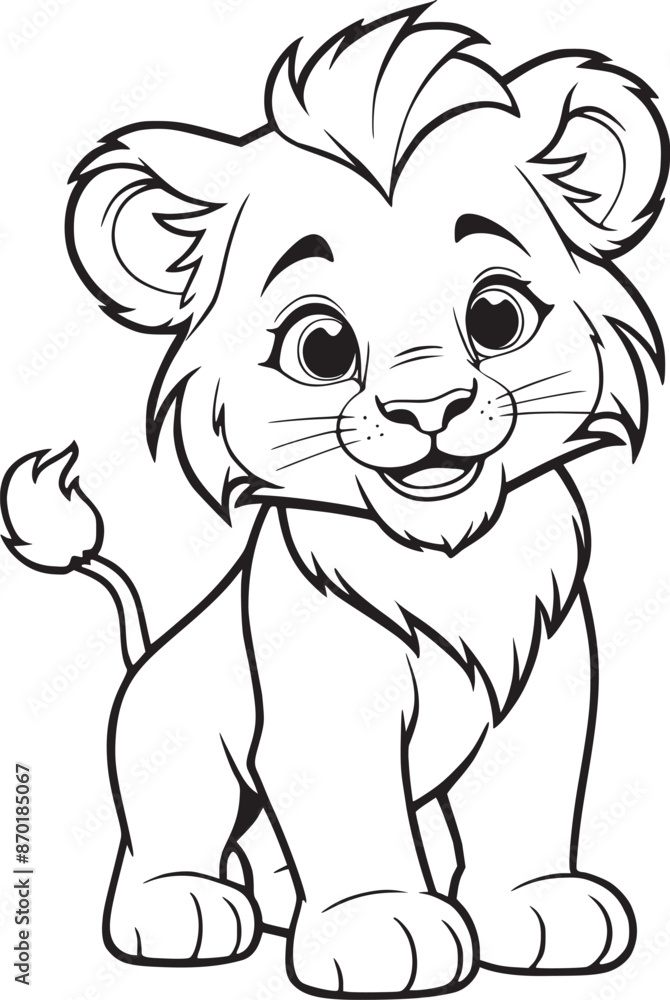 Obraz premium Coloring book page on a white background with a lion cub. line art drawing