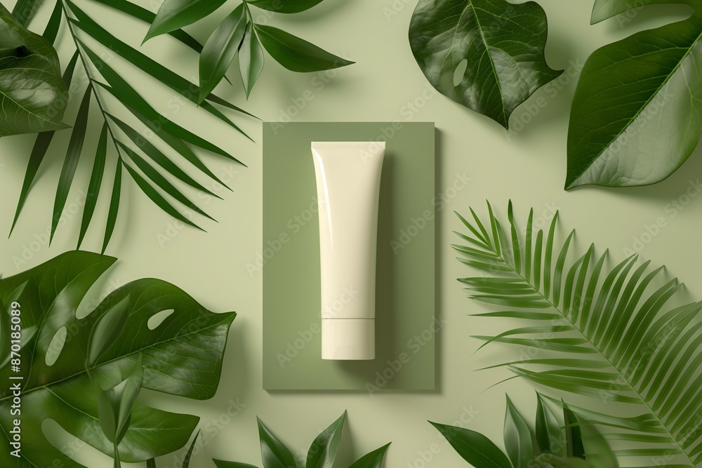 Organic Herbal Cosmetic Tube Mockup with Green Leaves on a Soft Background Organic Herbal Cosmetic Tube Mockup with Green Leaves on a Soft Background